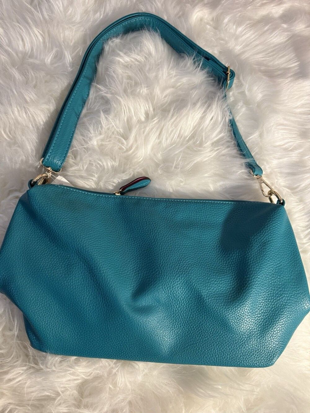 Teal Pebbled Faux Leather Shoulder Bag Crossbody Adjustable Strap Gold Hardware